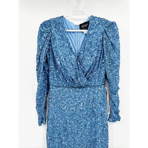 Mac Duggal 5510 Blue Women's Sequined Wrap Over Puff Long Sleeve Gown Size 4 - Picture 6 of 6